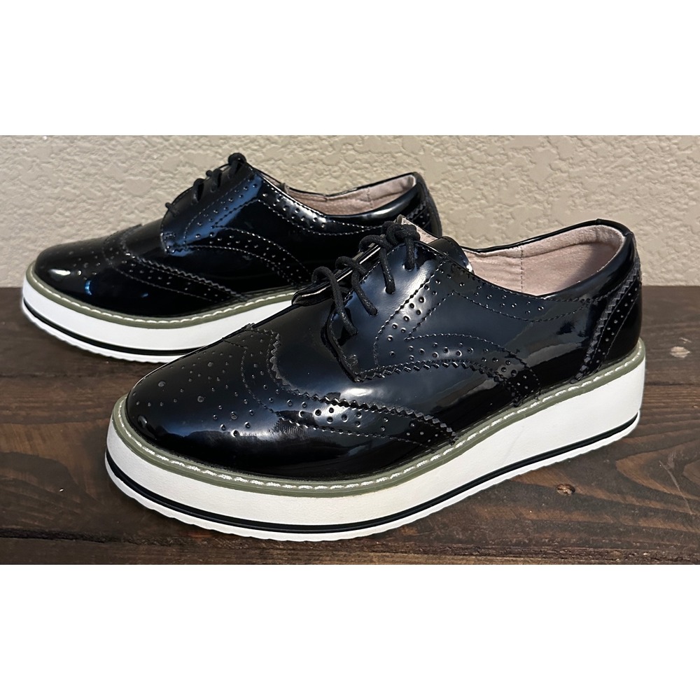 Dadawen‎ Womens Black Patent Wingtip Platform Oxford Shoes Size 7 Brogue